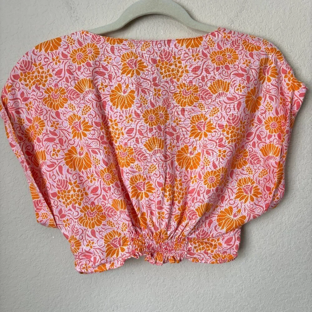 Zara Linen Blend Boho Floral Print Cropped Twist Front Blouse Top - Picture 7 of 8